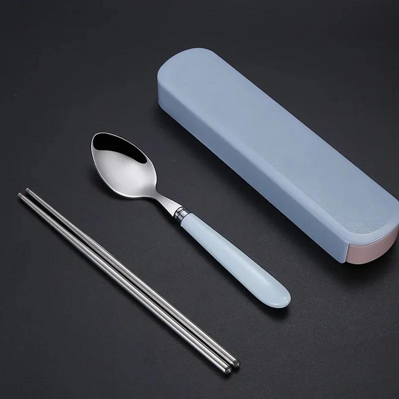 Portable Stainless Steel Cutlery Suit with Storage Box Korean Style Chopstick Fork Spoon Travel Kitchen Tableware Dinnerware Set