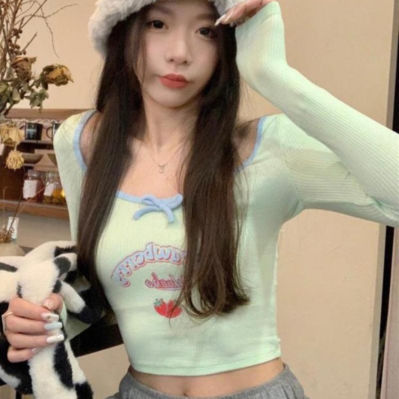 2KWEIRD Sweet Crop Tops Fashion Summer Tshirts for Women Long Sleeve Square Collar Print Tees Tunic Casual Y2k T Shirt