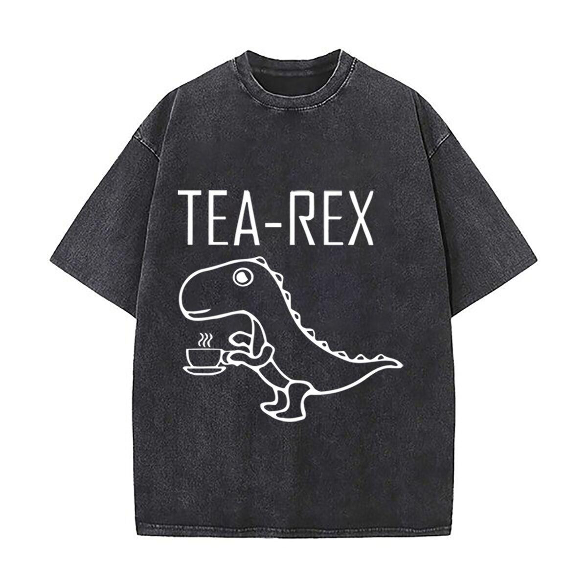 Tea Rex Dinosaur Coffee Funny Pun Art Casual Washed Distressed T Shirt Vintage Minimal Short Sleeve Top S
