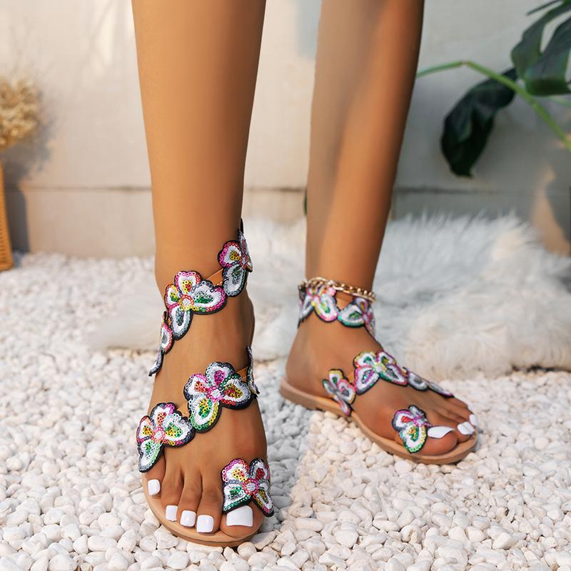 New Spring and Summer Straight Round Toe Sandals Slip Feet Colorful Butterfly Soft Sole Non-slip Flat Shoes