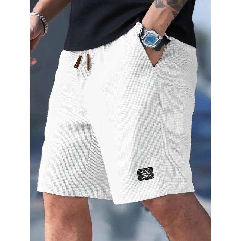 

Men s Beige Waffle Knit Checkered Shorts Casual Drawstring Waist Bottoms 3XL білий