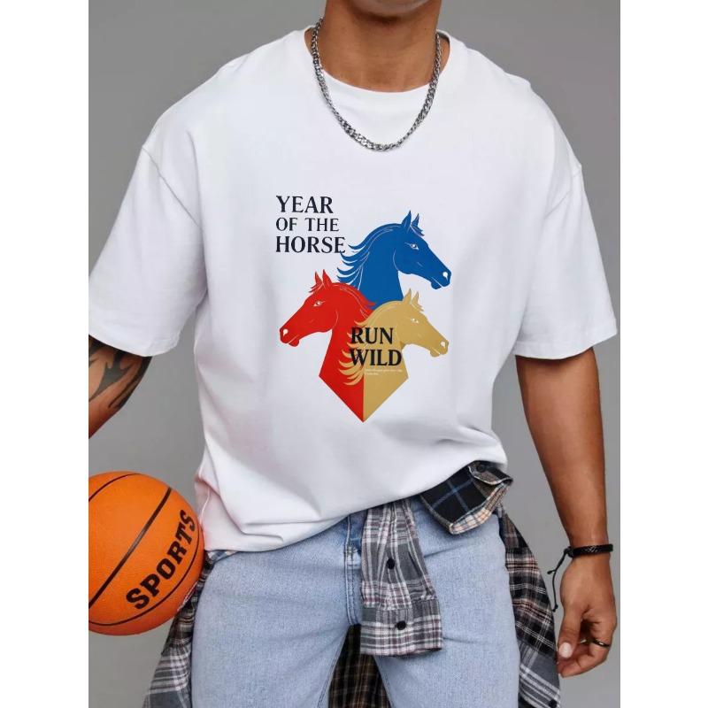 Crew Neck T Shirt White Year Of The Horse Run Wild Horse Head Graphic For Casual Wear