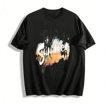 Hello Summer Coconut Tree Print Vacation Style Casual Short Sleeve Tee Pure Cotton T-shirt