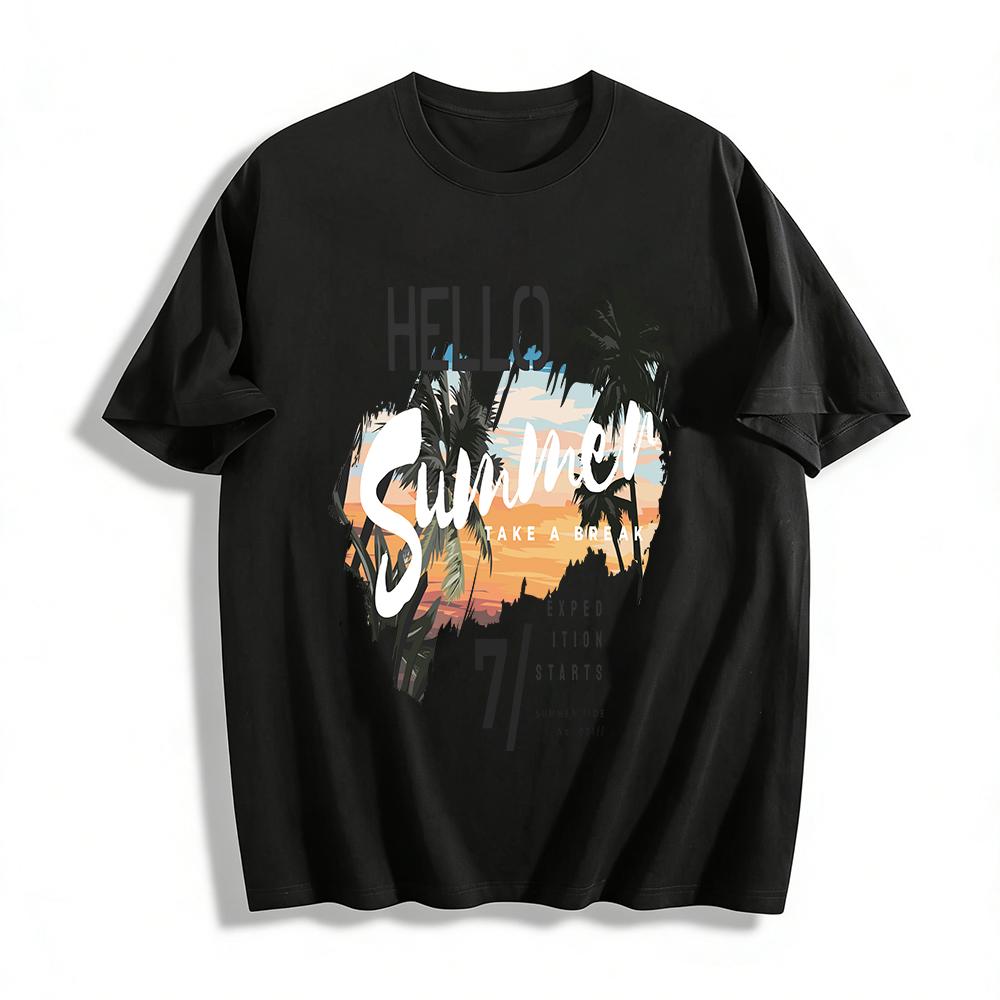 Hello Summer Coconut Tree Print Vacation Style Casual Short Sleeve Tee Pure cotton T-shirt XXS