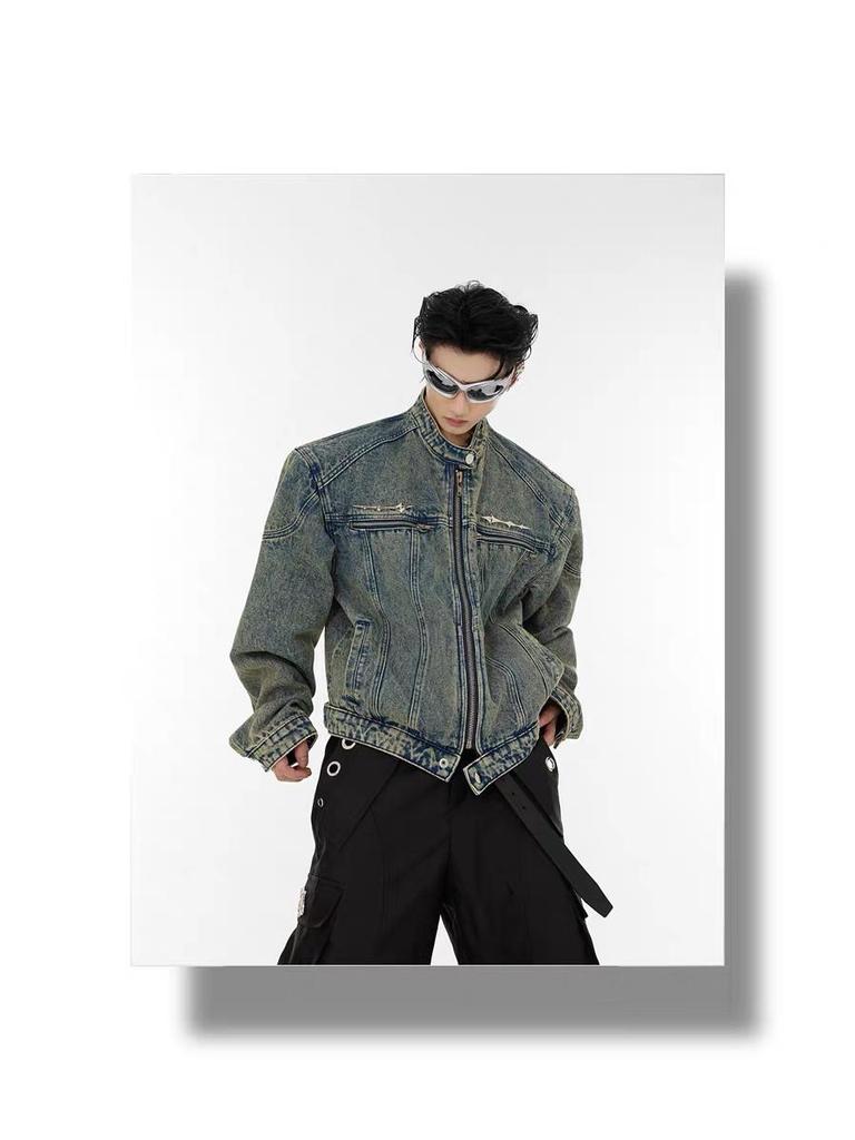 Pánská trendy kovová designová retro odřená džínová patchworková bunda bez límce s ramenními vycpávkami