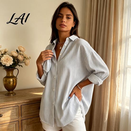 Women Collared Shirts Striped Shirt for Summer Autumn Button Down Single Casual Blouses Breasted Blouse Dressy Long Sleeve Top Office Work Tops