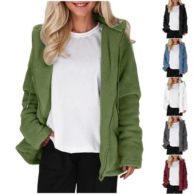 Modischer, einfarbiger Mantel für Damen, langärmelig, mit Reißverschluss, lockere Plüschjacke mit Kapuze