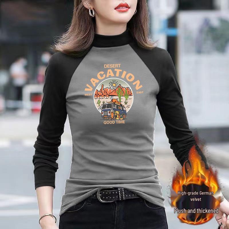 

Raglan Color Block Velvet Slimming Long Sleeve T-Shirt with Stand-Up Collar for Women L (105-115 lbs)