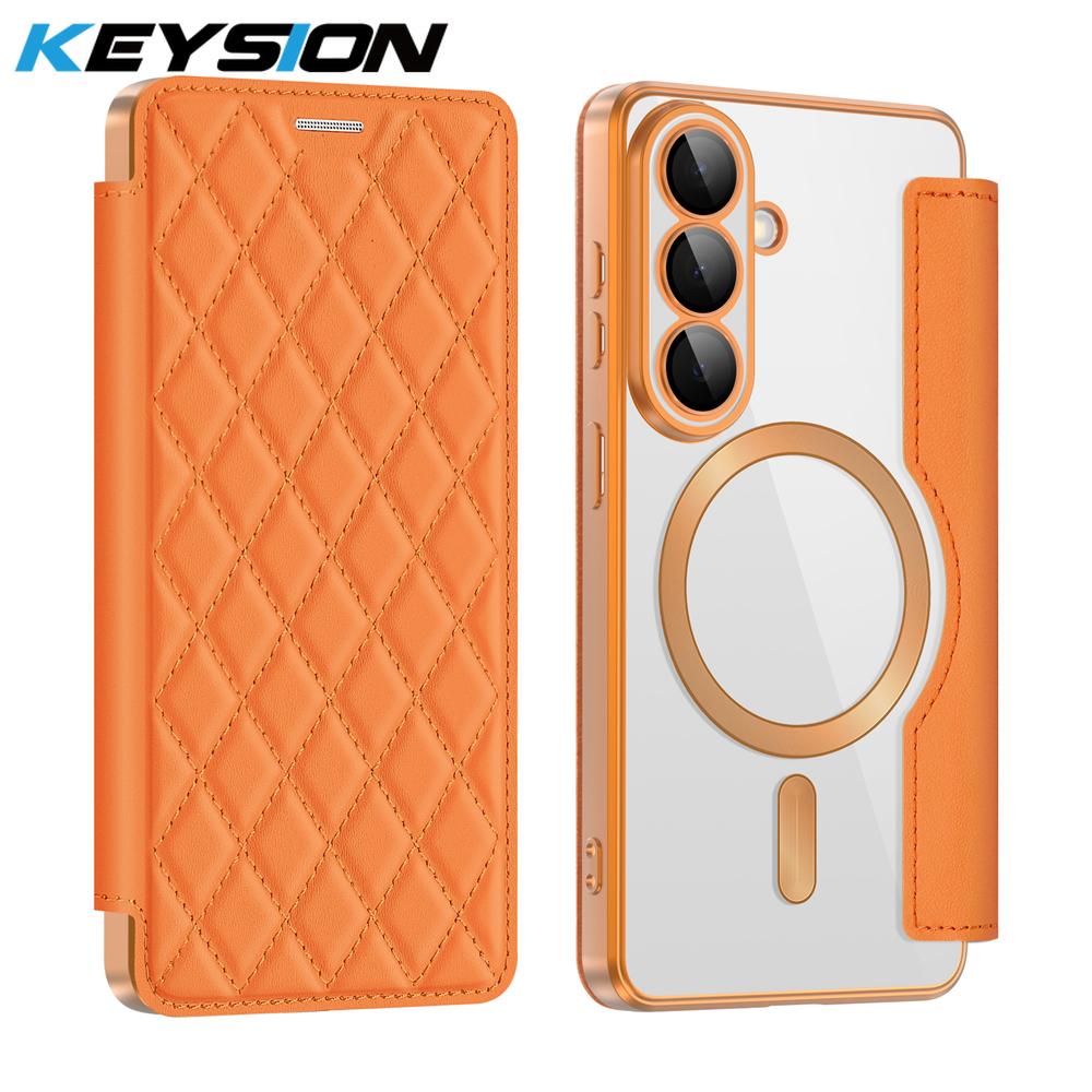 

KEYSION Plating Leather Flip Wallet Case for Samsung Galaxy S26 Ultra 5G S25+FE Card Slot Magnetic Wireless Charging Phone Cover for Galaxy S26 помаранчевий