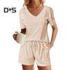 2Pcs/Set Women Summer Outfit V-neck Short Sleeve T-shirt Elastic Drawstring Waist Shorts Set Solid Color Loose Fit Casual Outfit