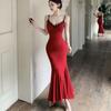 Elegant Color Block Patchwork Lace V-neck Mermaid Dress for Women - Summer Banquet Waist-Cinching Style
