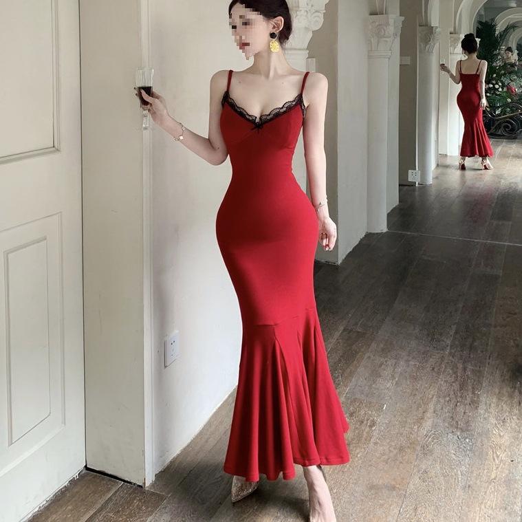 Elegant Color Block Patchwork Lace V-neck Mermaid Dress for Women - Summer Banquet Waist-Cinching Style