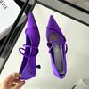 Mode Wildleder Lila Spitzschuh Damenpumps Prägnanter Kreuzriemen Dünner Absatz Mules Schuh Bankett Hochzeit Elegant Niedrig Absatz Damenschuhe