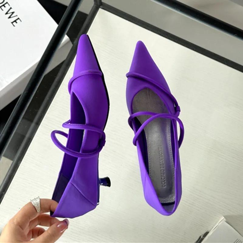 Mode Wildleder Lila Spitzschuh Damenpumps Prägnanter Kreuzriemen Dünner Absatz Mules Schuh Bankett Hochzeit Elegant Niedrig Absatz Damenschuhe