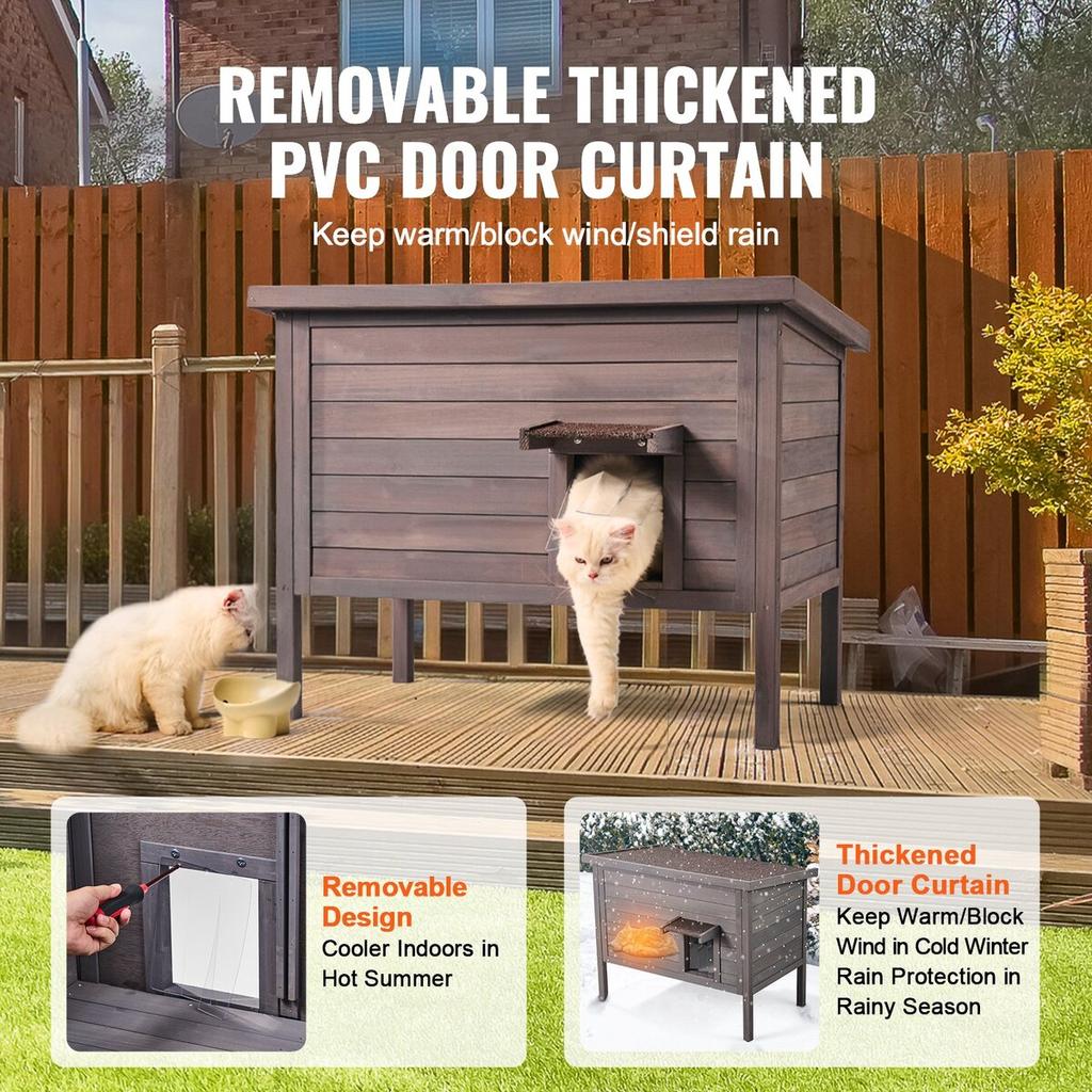 Outdoor Cat House Wooden Feral Cat Shelter with Roof & PVC Door Flaps