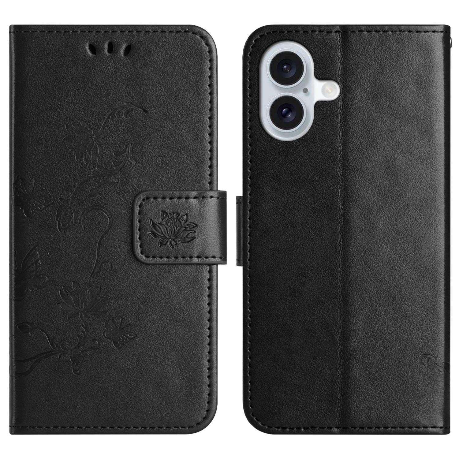 

For iPhone 17 Case Wallet Stand Imprinted Butterfly Flower PU Leather Phone Cover Black