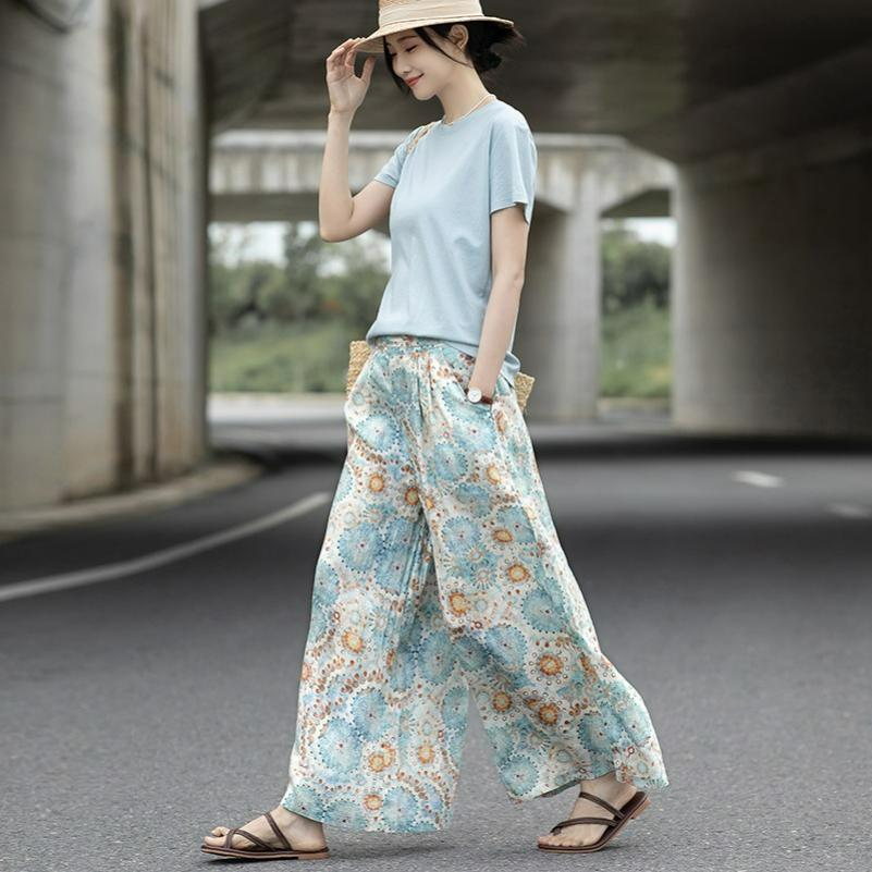Summer Literary Retro Printing Loose Wide-leg Pants Nine-point Casual Culottes Women