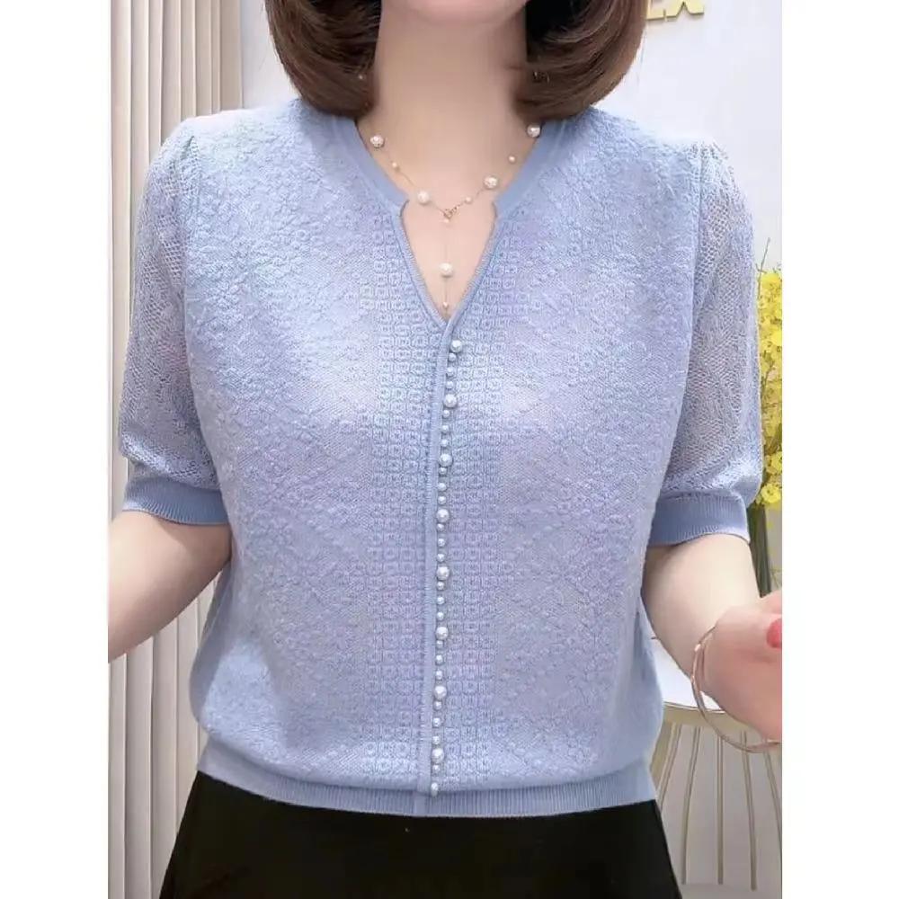 Women's V-neck Temperament Hollow Knitted Sweater for Spring and Summer Elegant Slimming Short Sleeved T-shirt