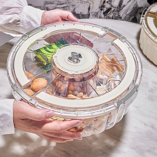 Dry Fruit Plate Rotating Snack Tray with Lid Handle 6-Compartment Divided Serving Platter Indoor Outdoor Dishwasher Safe Snack Server