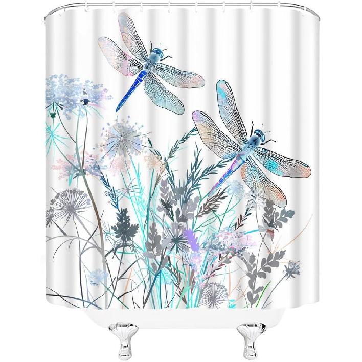 Dragonfly Floral Shower Curtain Wildflower Dragonflies Flower Blooms Branch Leaves Sage Spring Summer Botanical Vintage Abstract Fabric Bathroom