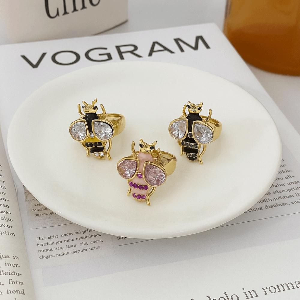 Punk Rhinestone Bee Ring Enamel Design Colorful Bee Ring Trendy Vintage Bee Ring  Casual Wear