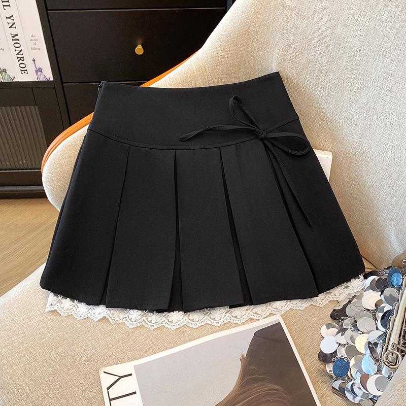 

Женская серая кружевная А-силуэт плиссированная миди юбка с бантом - Лето 2025 Extra Large чёрный