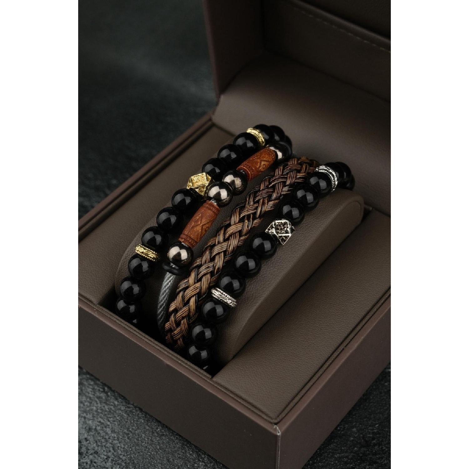 

Men s Leather And Natural Stone Combination Bracelet Set 3 Pieces 0 чистый