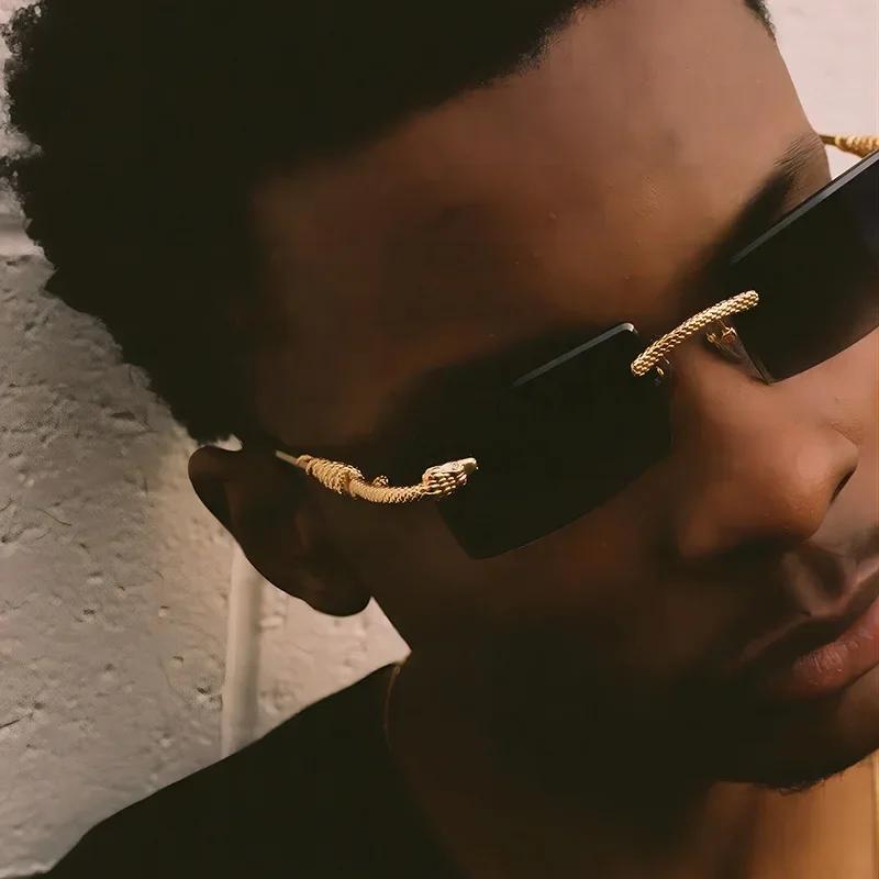 Metal Square Cut Edge Snake Frame Sunglasses For Men Fashion Frameless Personalized Glasses Trendy Retro Ocean Film Sunglasses