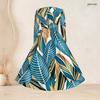 Women Plus Size Square Neck Long Sleeve Green Blue Printed A Line Flared Dress With Belt