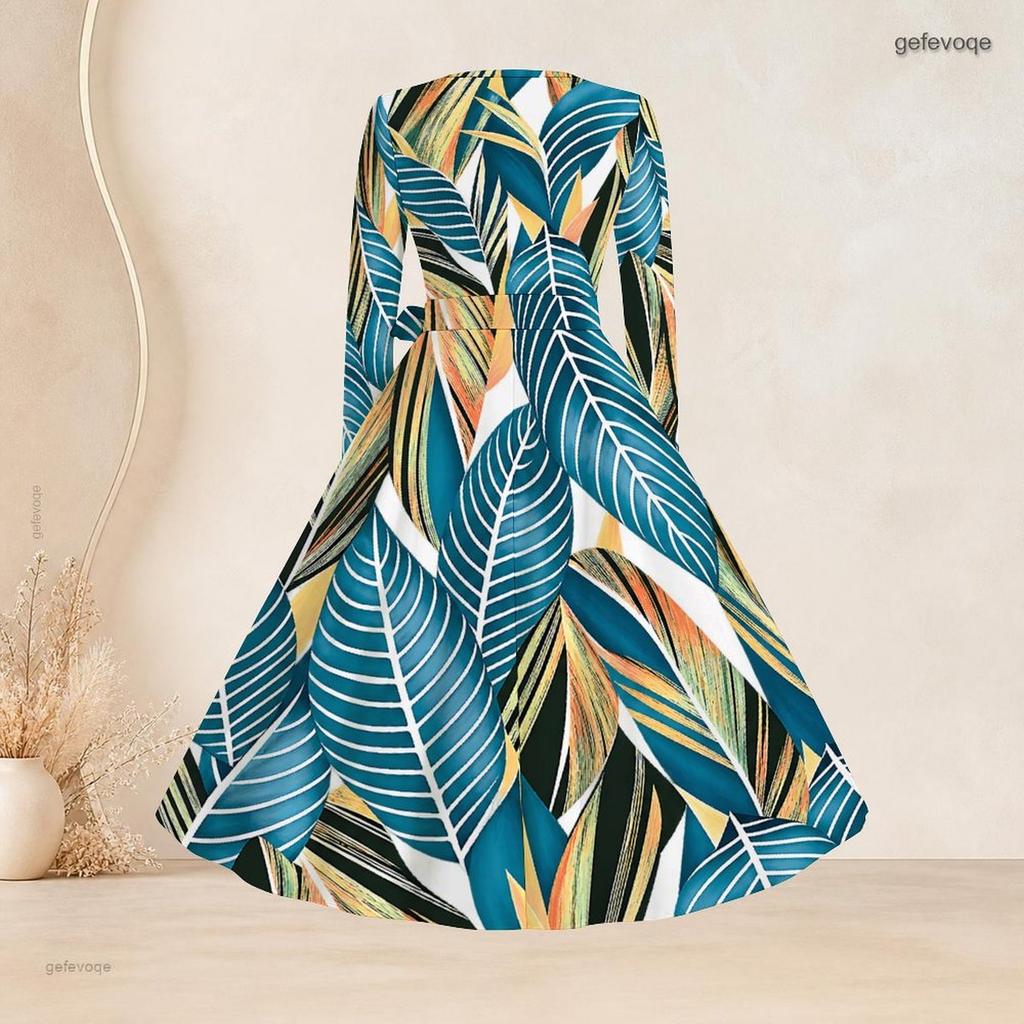 Women Plus Size Square Neck Long Sleeve Green Blue Printed A Line Flared Dress With Belt