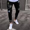 Mid-rise Button Zipper Fly Pockets Embroidery Cartoon Letter Print Men Jeans Distressed Ripped Holes Slim Fit Denim Pants