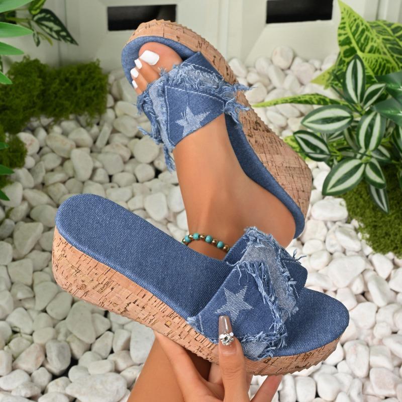 Fashion Wedge Cool Drag Women's Fashion Round Head Open Toe Denim Platform Non-Slip Flip-Flops