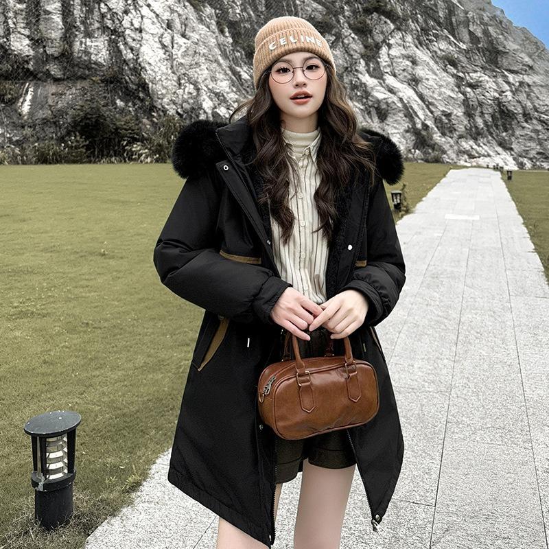

Medium and long pie overcomes women s new fashionable big fur collar with removable hat waist cotton jacket inside M чорний