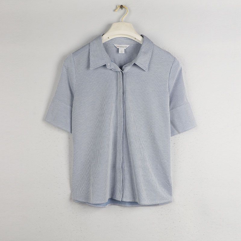 

Sunshine House Summer New Arrival Export Fashion Plus Size Women s Rollneck Short-Sleeve Shirt Stripes Shirt Loose Light blue Bust size 102