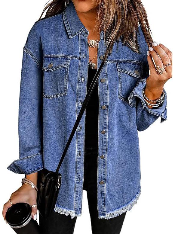 

Женская джинсовая куртка оверсайз с потертостями - Повседневная рубашка с длинным рукавом для весны 2025 XXL королевский синий