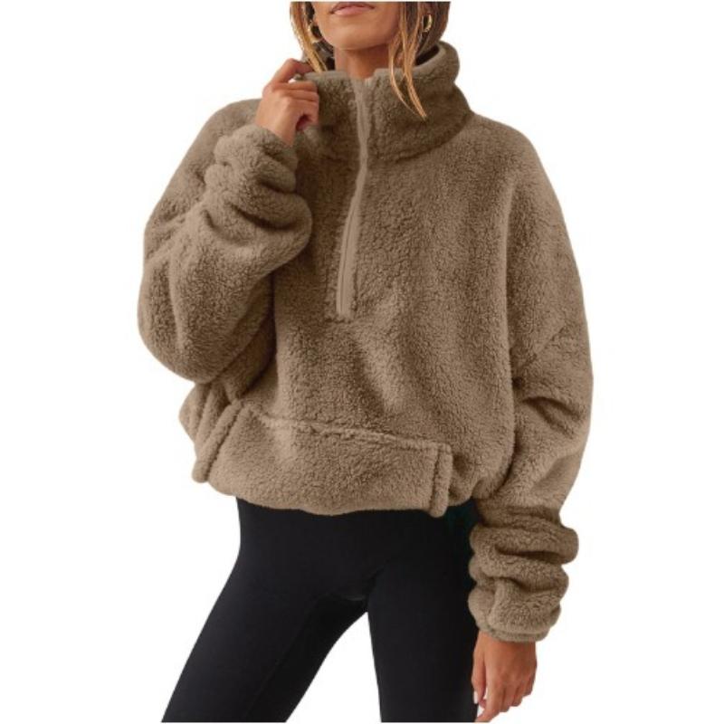 Women's Half Zip Fleece Pullover, Cozy Hoodie with Pockets, Solid Color Sweatshirt