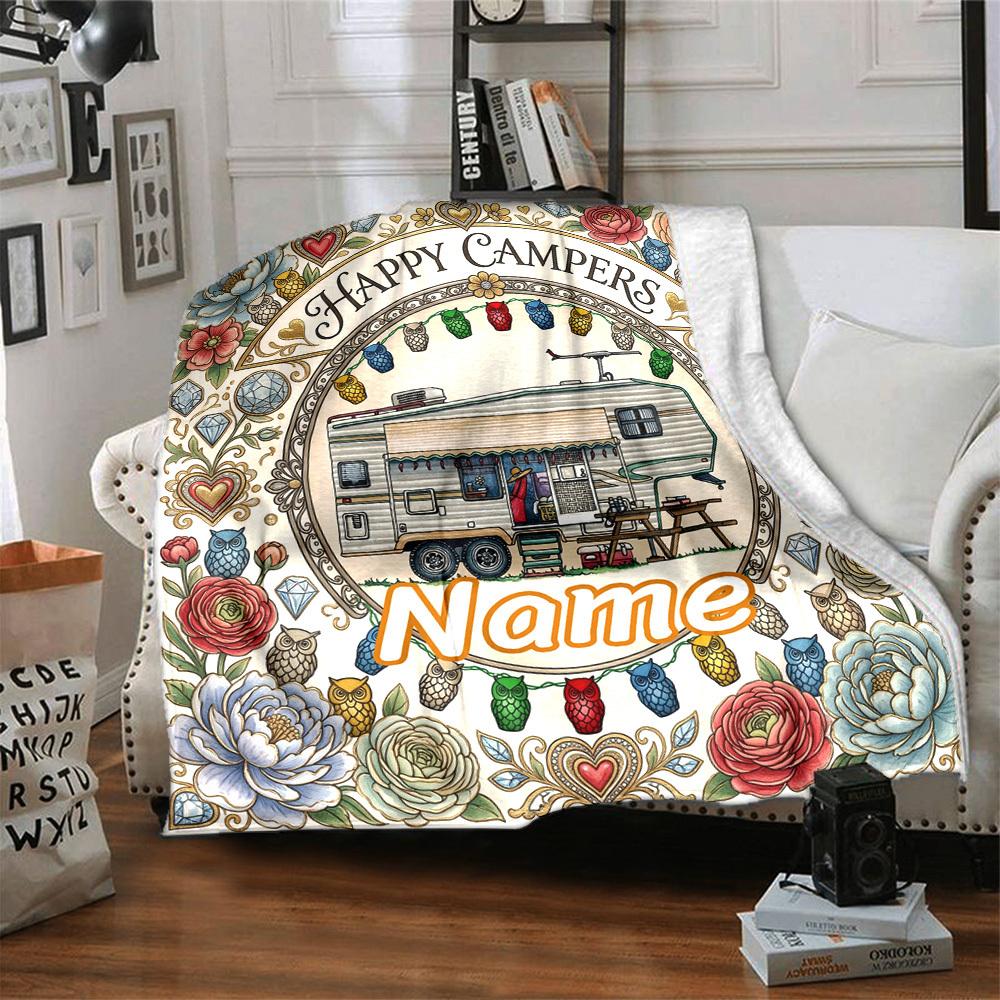 Camper Adventure Journey Happy Campers Customize Your Name Home Blanket Cozy Soft Lightweight Allseason Multipurpose Blanket For Picnics Sofas Offices
