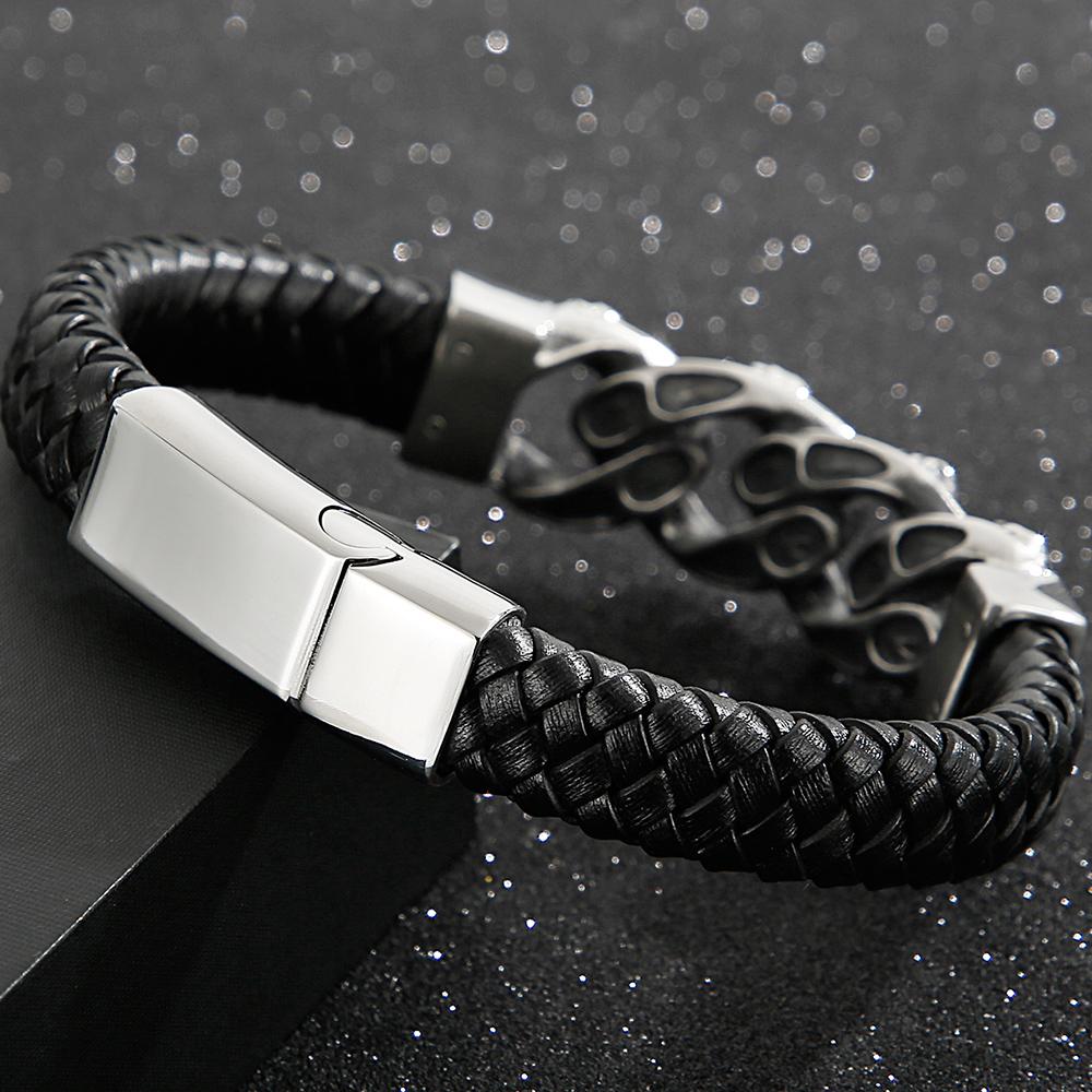 Punk 316L Stainless Steel Skull Bracelet for Men Vintage Men's Braided Leather Rope Chain Wrap Bracelets Massive Male Jewelry