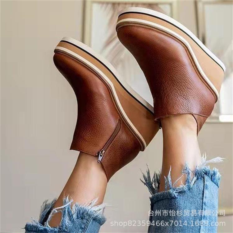 Large Size Slope Heel Short Boots Women's Autumn and Winter New European and American Flat Bottom Side Zipper Round Head Solid Color Bare Boots