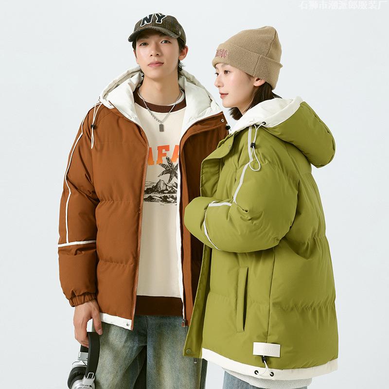 Winter couple hooded cotton-padded jacket new thickened casual loose flow warm cotton-padded jacket solid color versatile cotton-padded jacket