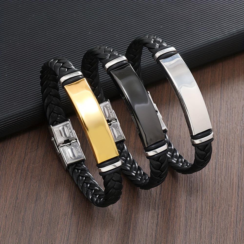 Titanium Steel Woven Leather Bracelet For Men Minimalist Polished Cuff Wristband Fashion Accessory