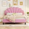 Letto Matrimoniale Imbottito 140 x 200 cm, Struttura con Testiera a Forma di Fiore e Rete a Doghe, per Adulti-Ragazzi in Tessuto di Velluto Amico della Pelle, Letto per Ospiti Rosa