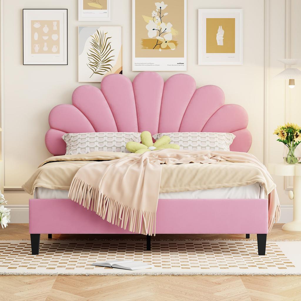 Letto Matrimoniale Imbottito 140 x 200 cm, Struttura con Testiera a Forma di Fiore e Rete a Doghe, per Adulti-Ragazzi in Tessuto di Velluto Amico della Pelle, Letto per Ospiti Rosa