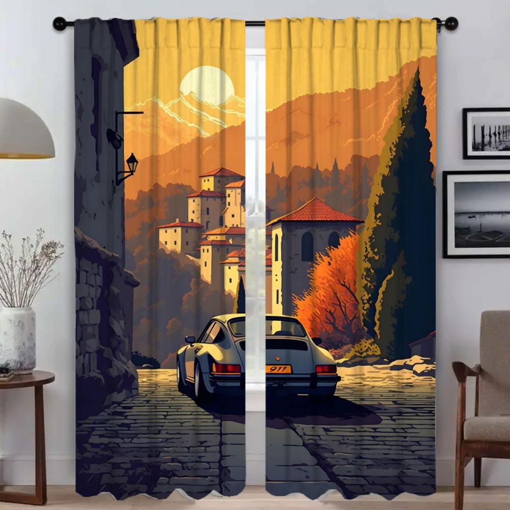 Kitchen Curtains for Living Room Car In the Sun Home Interior Curtains 2 Pieces Tulle for Bedroom Halloween Decoration Partition