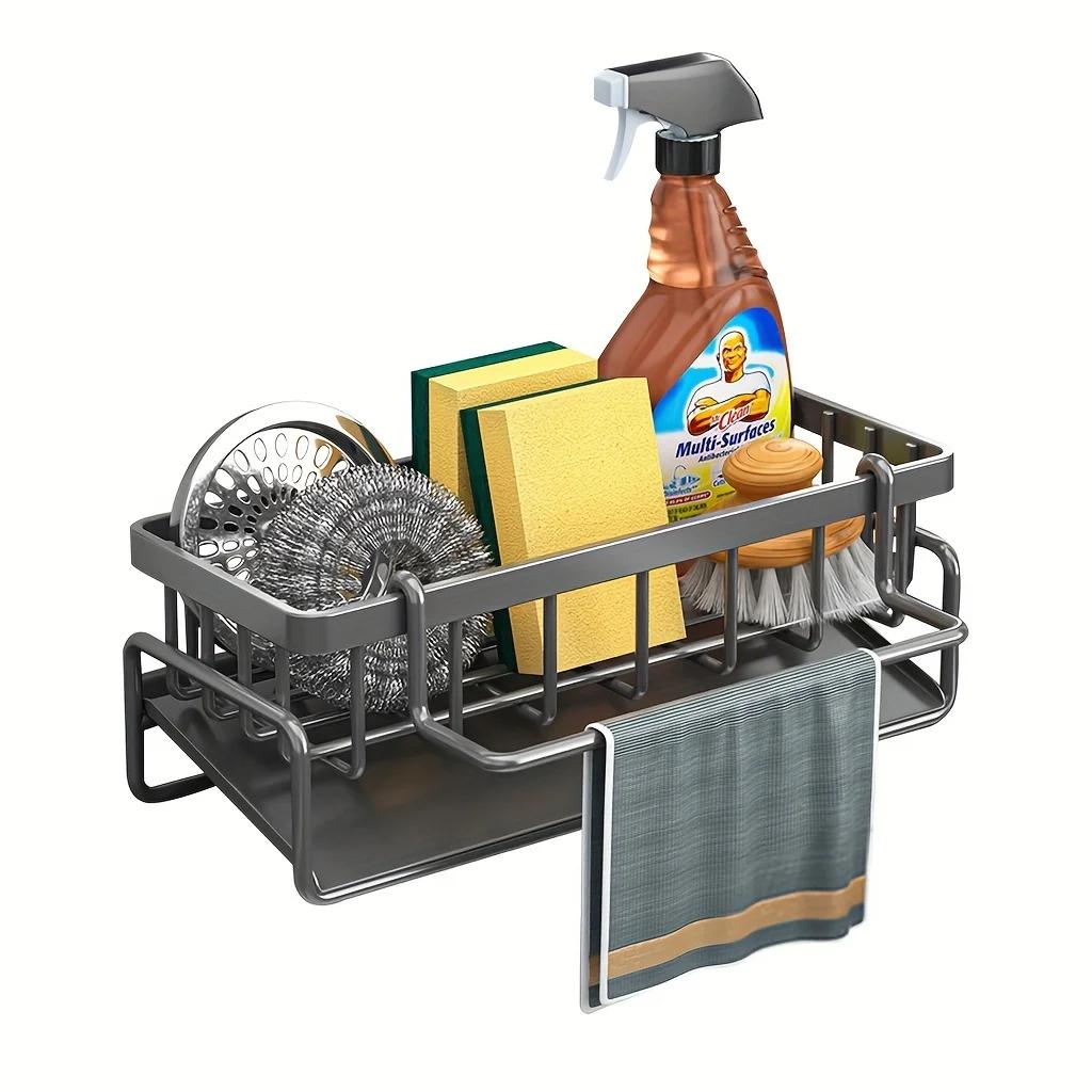 Sponge Holder for Kitchen Sink, Plastic Auto Draining Kitchen Sink Organizer, Sink Caddy with Removable Brush Holder