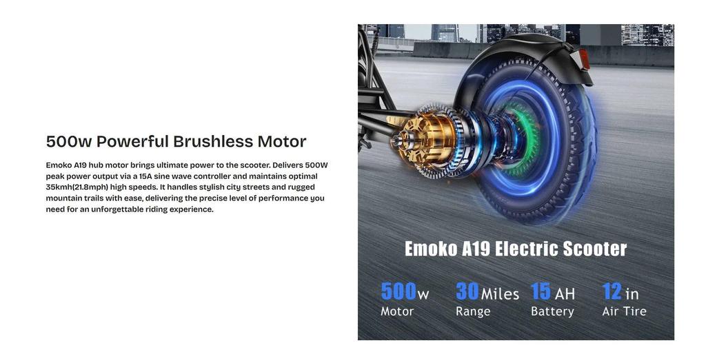 Emoko A19 Electric Scooter Foldable 500W 36V 15Ah 12 Inch Air Tires Folding E-scooter Hydraulic brake + E-ABS 35kmh
