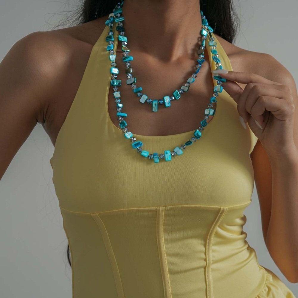 Collana Lunga Multi-strato con Perle di Conchiglia Stile Vacanza al Mare Conchiglie Irregolari Vetro Bohemia Choker Gioiello Regalo Catena per Maglione