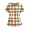 Women's Plaid Print V-Neck and Caregiver Top with Double Pockets and Split Hem Short Sleeves