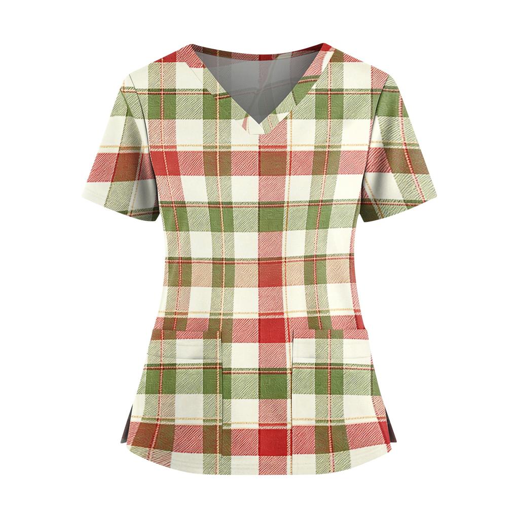 Women's Plaid Print V-Neck and Caregiver Top with Double Pockets and Split Hem Short Sleeves