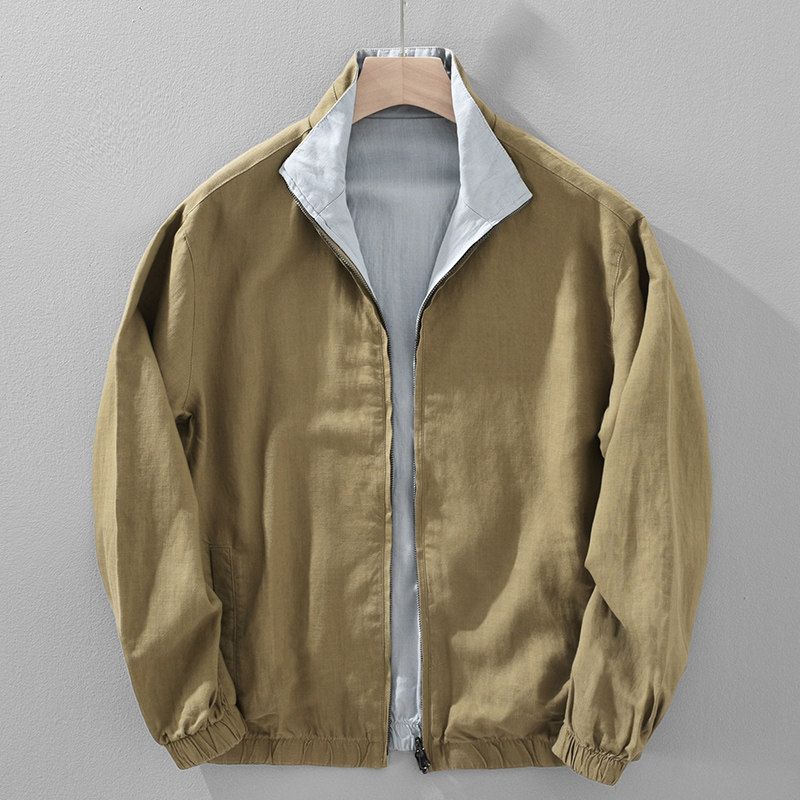 High-End Tencel Linen Lapel Jacket for Men, Spring and Autumn, Trendy Casual Double-Sided Color-Blocking Workwear Coat Blue Coffee Double Sided 3XL